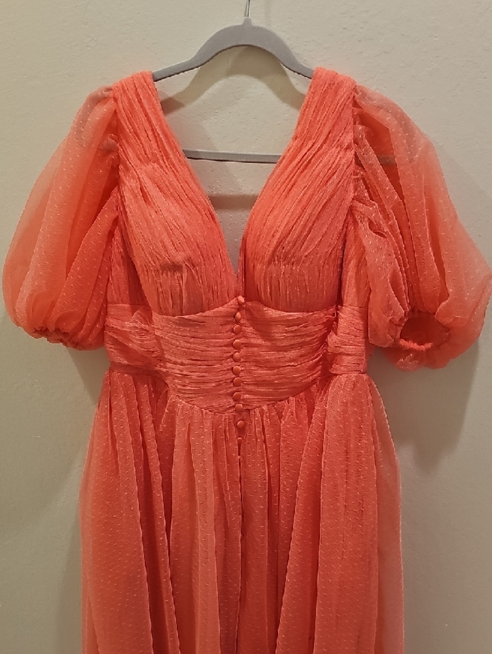 Pink Puff-Sleeve Dress - Elegant V-Neck A-Line